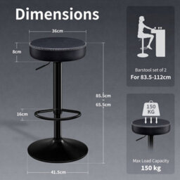 "Stoolink Breakfast Bar Stools Set Of 2, Backless Swivel With Footrest, Adjustable 25.8""-33.7"" Microfiber Leather - Ink Black" - thumbnail 2