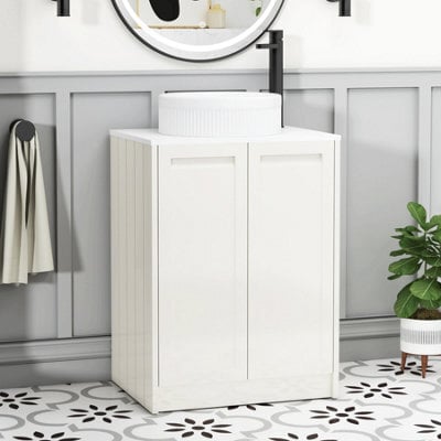 Royal Bathrooms Royal Bathroom Elmore 600mm Classic White Freestanding Bathroom Vanity Unit 2 Door Plain White Worktop With Round Basin - image 1