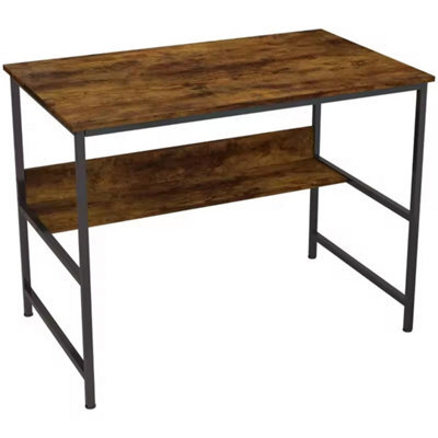 2-Tier Writing Desk Metal Frame With Storage Shelf Rustic Brown - image 1