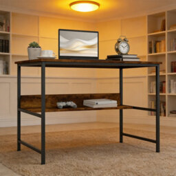2-Tier Writing Desk Metal Frame With Storage Shelf Rustic Brown - thumbnail 4