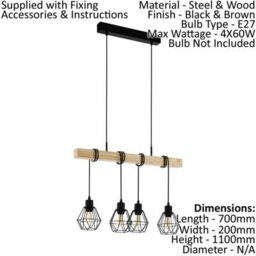 Trendy Quad Ceiling Light With 2 Matching Wall Lights In Black Cage And Wood Finish - thumbnail 2