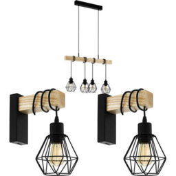 Trendy Quad Ceiling Light With 2 Matching Wall Lights In Black Cage And Wood Finish - thumbnail 1