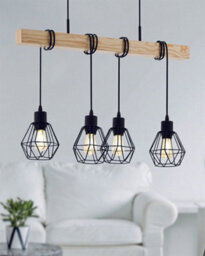 Trendy Quad Ceiling Light With 2 Matching Wall Lights In Black Cage And Wood Finish - thumbnail 4