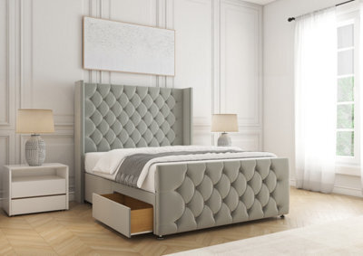 Bsspoke Florida Divan Bed Set Silver Plush Velvet With 54Inch Headboard & Footboard 2 Drawers Footend & Mattress In All Sizes - image 1
