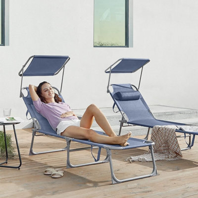 Songmics Sun Lounger, Deck Chair Folding, With Sunshade Headrest Adjustable Backrest, Reclining Sun Chair, Blue - image 1