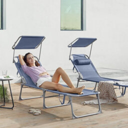 Songmics Sun Lounger, Deck Chair Folding, With Sunshade Headrest Adjustable Backrest, Reclining Sun Chair, Blue - thumbnail 1