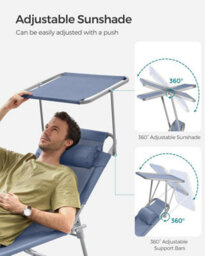 Songmics Sun Lounger, Deck Chair Folding, With Sunshade Headrest Adjustable Backrest, Reclining Sun Chair, Blue - thumbnail 4