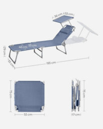Songmics Sun Lounger, Deck Chair Folding, With Sunshade Headrest Adjustable Backrest, Reclining Sun Chair, Blue - thumbnail 2