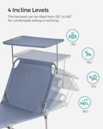 Songmics Sun Lounger, Deck Chair Folding, With Sunshade Headrest Adjustable Backrest, Reclining Sun Chair, Blue - thumbnail 3