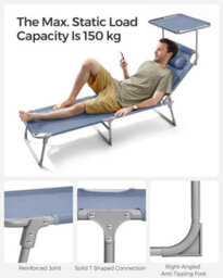 Songmics Sun Lounger, Deck Chair Folding, With Sunshade Headrest Adjustable Backrest, Reclining Sun Chair, Blue - thumbnail 6