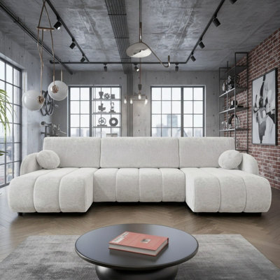 Zara Universal Corner Sofa Bed With Storage Loose Back Cushions Chipboard Frame Wooden Slats 318X160X88Cm Cream - image 1