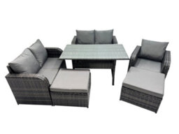 Fimous Wicker Pe Rattan Garden Outdoor Furniture Set Love Sofa Dining Table Sets With 2 Big Stools Dark Grey Mixed - thumbnail 1