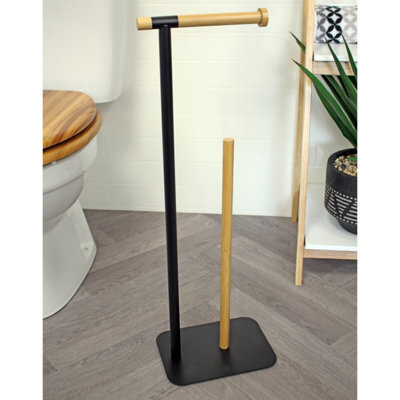 Showerdrape Sonata Black & Bamboo Toilet Roll Holder & Spare Paper Holder Combination - image 1