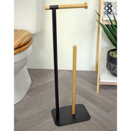 Showerdrape Sonata Black & Bamboo Toilet Roll Holder & Spare Paper Holder Combination - thumbnail 1