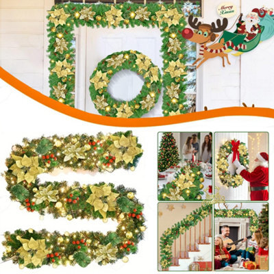 Amorly 9Ft Prelit Christmas Garland With 50 Led Lights, Green Rattan With Gold Flower, Battery Operated Xmas Decor For Mantle, Stairs - image 1