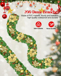 Amorly 9Ft Prelit Christmas Garland With 50 Led Lights, Green Rattan With Gold Flower, Battery Operated Xmas Decor For Mantle, Stairs - thumbnail 3