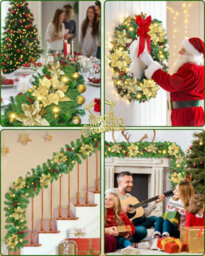 Amorly 9Ft Prelit Christmas Garland With 50 Led Lights, Green Rattan With Gold Flower, Battery Operated Xmas Decor For Mantle, Stairs - thumbnail 7