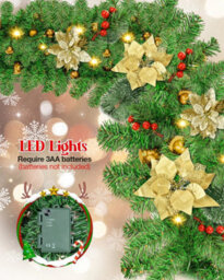 Amorly 9Ft Prelit Christmas Garland With 50 Led Lights, Green Rattan With Gold Flower, Battery Operated Xmas Decor For Mantle, Stairs - thumbnail 8