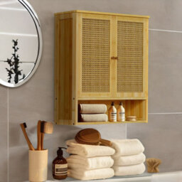 BMBO Wooden Bathroom Wall-Mounted Storage Cabinet Organiser Natural Brown - thumbnail 2