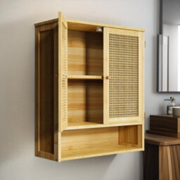 BMBO Wooden Bathroom Wall-Mounted Storage Cabinet Organiser Natural Brown - thumbnail 4
