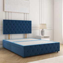 Bsspoke Mulberry Divan Bed In Blue Plush Velvet 24Inch Headboard & Footboard No Drawers No Mattress In 3Ft 4Ft 4Ft6 5Ft 6Ft
