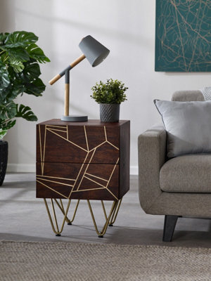 Loft Solid Dark Mango Wood Gold Embossed Metal Legs 2 Drawers Side Table - image 1