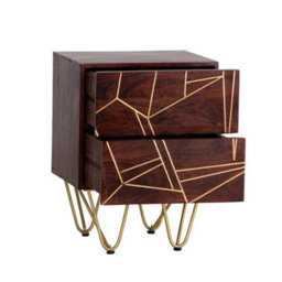 Loft Solid Dark Mango Wood Gold Embossed Metal Legs 2 Drawers Side Table - thumbnail 3