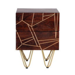 Loft Solid Dark Mango Wood Gold Embossed Metal Legs 2 Drawers Side Table - thumbnail 8