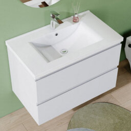 AVER-GROWTH 800mm Vanity Unit With Basin High Gloss White Ceramic Sink Wall Hung Bathroom Storage Cabinet Soft Close Hinges 2 Drawers - thumbnail 3