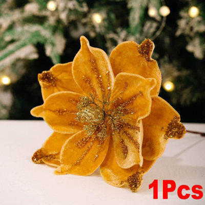 Amorly 26Cm Christmas Artificial Glitter Poinsettia Flowers, Yellow Xmas Flowers Wedding Christmas Tree Decorations New Year Ornaments - image 1