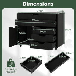 Gainoom 5-Drawer Black Chest Mobile Chest Of Drawers With 5 Casters & Door - thumbnail 2