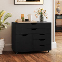 Gainoom 5-Drawer Black Chest Mobile Chest Of Drawers With 5 Casters & Door - thumbnail 6