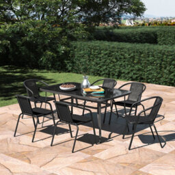 Living And Home Set Of 7 Black 6 Seater Garden Furniture Set Patio Glass Rectangular Umbrella Table And Stackable Chairs Set 150 Cm - thumbnail 1