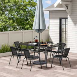 Living And Home Set Of 7 Black 6 Seater Garden Furniture Set Patio Glass Rectangular Umbrella Table And Stackable Chairs Set 150 Cm - thumbnail 2