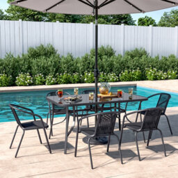 Living And Home Set Of 7 Black 6 Seater Garden Furniture Set Patio Glass Rectangular Umbrella Table And Stackable Chairs Set 150 Cm - thumbnail 3