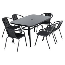 Living And Home Set Of 7 Black 6 Seater Garden Furniture Set Patio Glass Rectangular Umbrella Table And Stackable Chairs Set 150 Cm - thumbnail 4