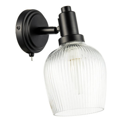 Happy Homewares Classy Matte Black Switched Wall Light With Clear Ribbed Glass Shade - image 1