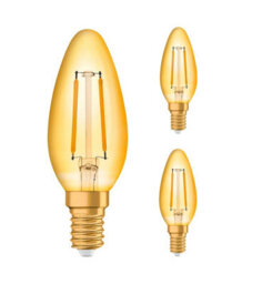 3 Pack 2.3W (20W) Candle Antique Gold Led Filament Bulbs, E14, Ses Small Edison Screw, Clear, 180Lm, 1950K Amber Warm White - thumbnail 1