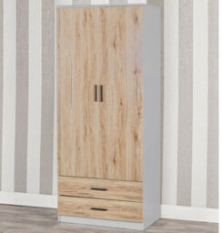 Urbnliving 180Cm Tall Wooden 2 Door Wardrobe Grey Carcass And Oak Drawers With 2 Drawers Bedroom Storage Hanging Bar Clothes - thumbnail 1