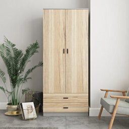 Urbnliving 180Cm Tall Wooden 2 Door Wardrobe Grey Carcass And Oak Drawers With 2 Drawers Bedroom Storage Hanging Bar Clothes - thumbnail 2