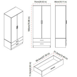 Urbnliving 180Cm Tall Wooden 2 Door Wardrobe Grey Carcass And Oak Drawers With 2 Drawers Bedroom Storage Hanging Bar Clothes - thumbnail 6