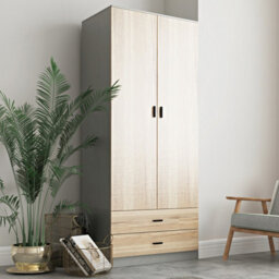 Urbnliving 180Cm Tall Wooden 2 Door Wardrobe Grey Carcass And Oak Drawers With 2 Drawers Bedroom Storage Hanging Bar Clothes - thumbnail 4