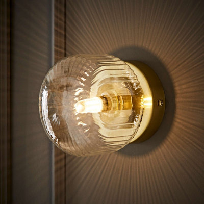 Valuelights Calpe Brushed Gold Flush Wall Light With Ribbed Clear Shade - image 1