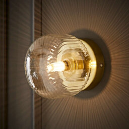Valuelights Calpe Brushed Gold Flush Wall Light With Ribbed Clear Shade