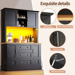 Abrihome Snack Cabinet With Led Lighting (115X40X180Cm), 5-Drawer Kitchen Storage Unit, Modern Sideboard With Illuminated Display, Black - thumbnail 2