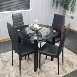 Kosy Koala Round Glass Black Kitchen Dining Table With Storage Shelf And 4 Black Metal Chairs Set