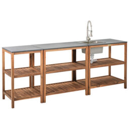 Beliani 3 Piece Outdoor Kitchen Set With Sink Brucoli Acacia Wood Brown/ Silver - thumbnail 1