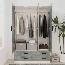 Urbn-Living Urbnliving 180Cm Height Ash Grey 3 Door 4 Drawer Wardrobe Storage Shelf Modern Bedroom White Furniture - thumbnail 4