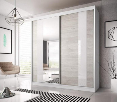 Arte Elegant White Matt Multi Sliding Mirror Door Wardrobe W233Cm H218Cm D61Cm - Kathult Oak & White Gloss Front - image 1