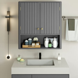 Costway Fluted Bathroom Wall Cabinet 2-Door Medicine Cabinet-Grey - thumbnail 3